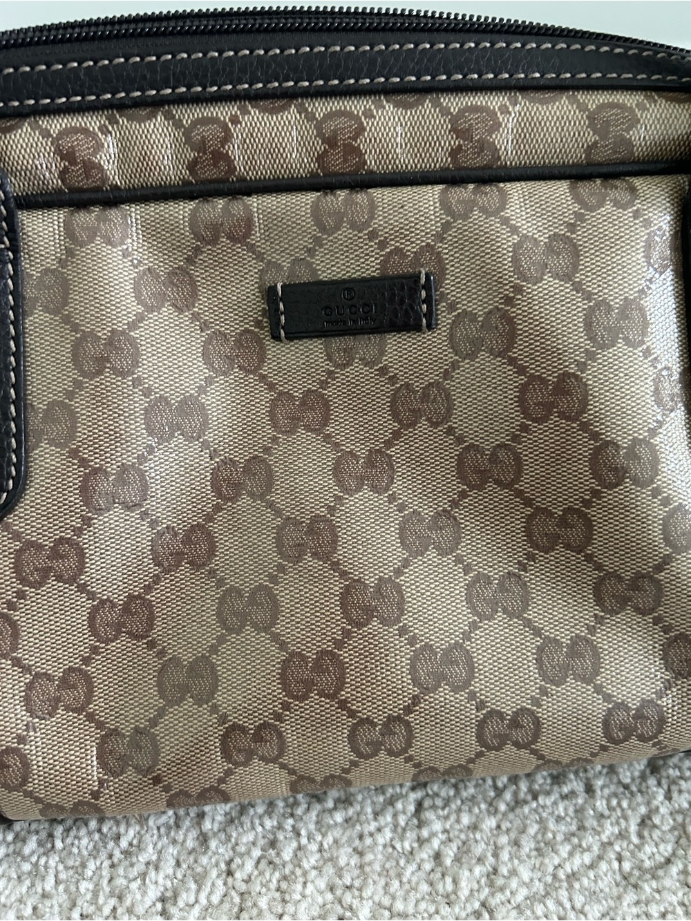 Gucci Beige-Brown GG Canvas Shoulder Bag with Dark Brown Trim - Picture 6 of 10